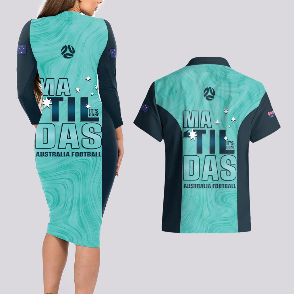 Australia Soccer Couples Matching Long Sleeve Bodycon Dress and Hawaiian Shirt Raso Matildas Turquoise Version
