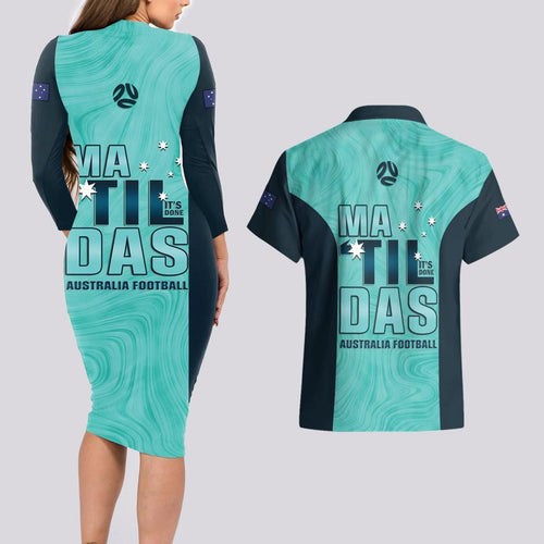 Australia Soccer Couples Matching Long Sleeve Bodycon Dress and Hawaiian Shirt Raso Matildas Turquoise Version