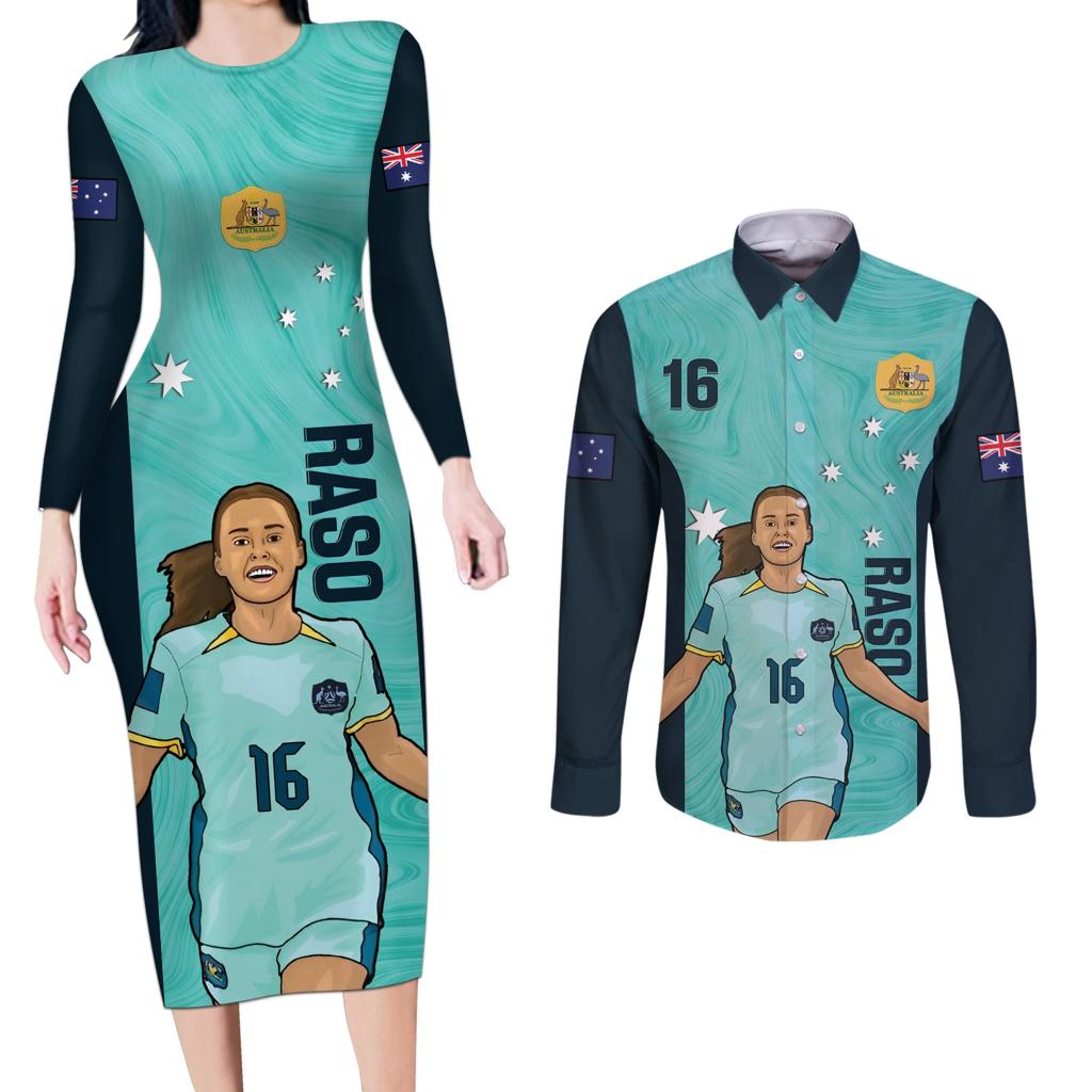 Australia Soccer Couples Matching Long Sleeve Bodycon Dress and Long Sleeve Button Shirt Raso Matildas Turquoise Version