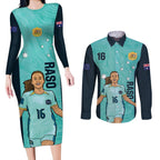 Australia Soccer Couples Matching Long Sleeve Bodycon Dress and Long Sleeve Button Shirt Raso Matildas Turquoise Version