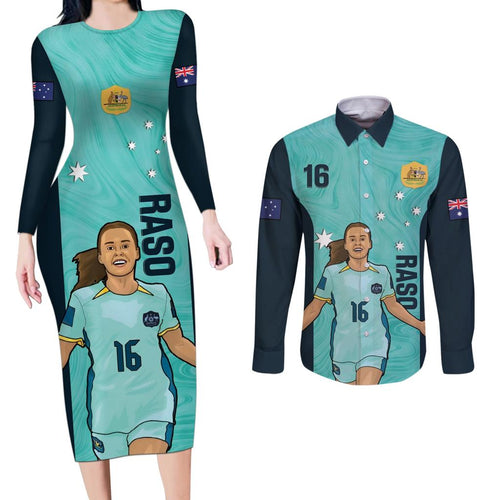Australia Soccer Couples Matching Long Sleeve Bodycon Dress and Long Sleeve Button Shirt Raso Matildas Turquoise Version