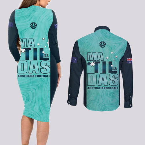 Australia Soccer Couples Matching Long Sleeve Bodycon Dress and Long Sleeve Button Shirt Raso Matildas Turquoise Version