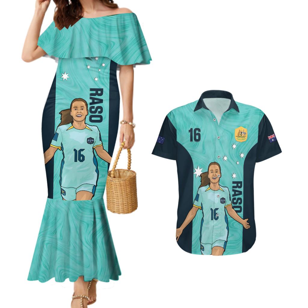 Australia Soccer Couples Matching Mermaid Dress and Hawaiian Shirt Raso Matildas Turquoise Version