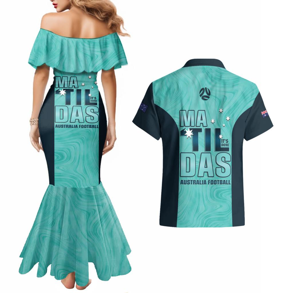 Australia Soccer Couples Matching Mermaid Dress and Hawaiian Shirt Raso Matildas Turquoise Version