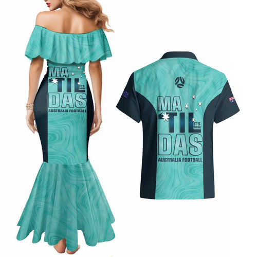 Australia Soccer Couples Matching Mermaid Dress and Hawaiian Shirt Raso Matildas Turquoise Version