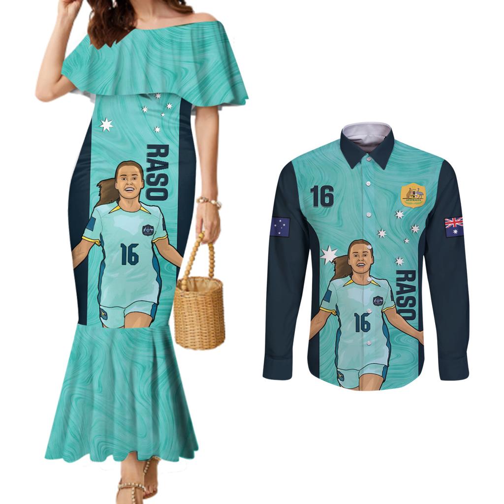 Australia Soccer Couples Matching Mermaid Dress and Long Sleeve Button Shirt Raso Matildas Turquoise Version