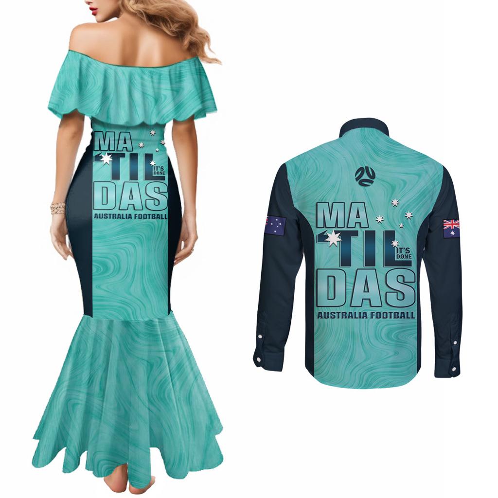 Australia Soccer Couples Matching Mermaid Dress and Long Sleeve Button Shirt Raso Matildas Turquoise Version