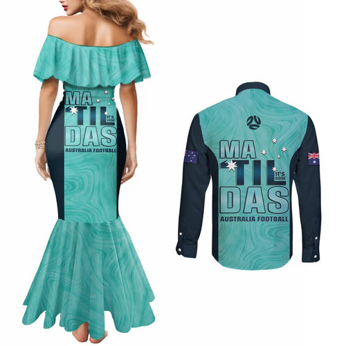 Australia Soccer Couples Matching Mermaid Dress and Long Sleeve Button Shirt Raso Matildas Turquoise Version