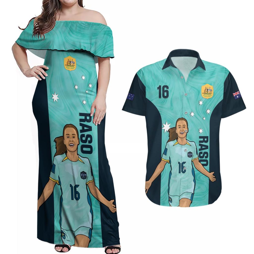 Australia Soccer Couples Matching Off Shoulder Maxi Dress and Hawaiian Shirt Raso Matildas Turquoise Version