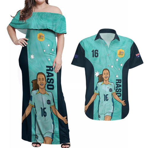 Australia Soccer Couples Matching Off Shoulder Maxi Dress and Hawaiian Shirt Raso Matildas Turquoise Version