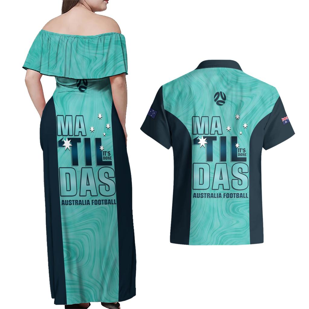 Australia Soccer Couples Matching Off Shoulder Maxi Dress and Hawaiian Shirt Raso Matildas Turquoise Version