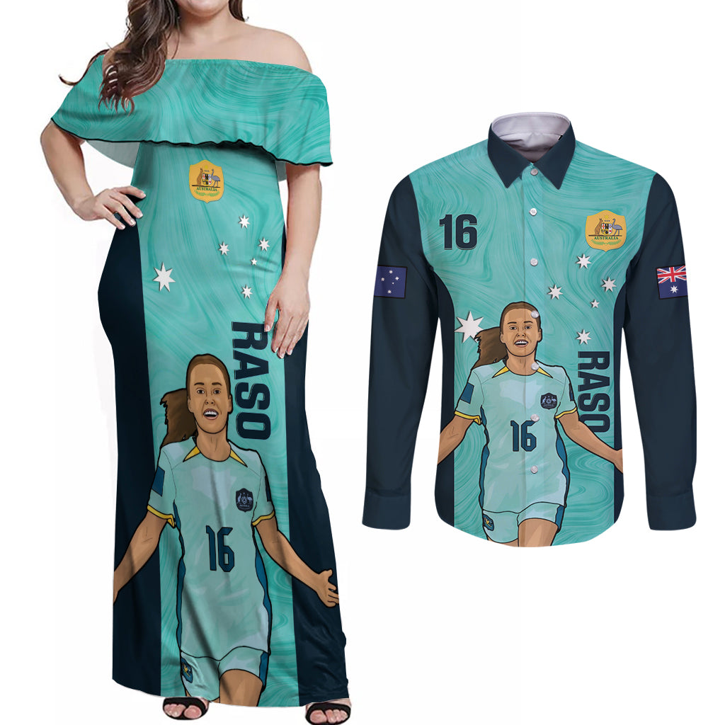 Australia Soccer Couples Matching Off Shoulder Maxi Dress and Long Sleeve Button Shirt Raso Matildas Turquoise Version