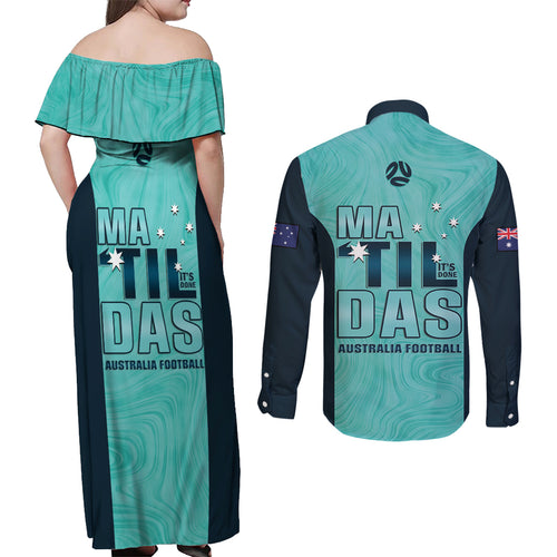 Australia Soccer Couples Matching Off Shoulder Maxi Dress and Long Sleeve Button Shirt Raso Matildas Turquoise Version