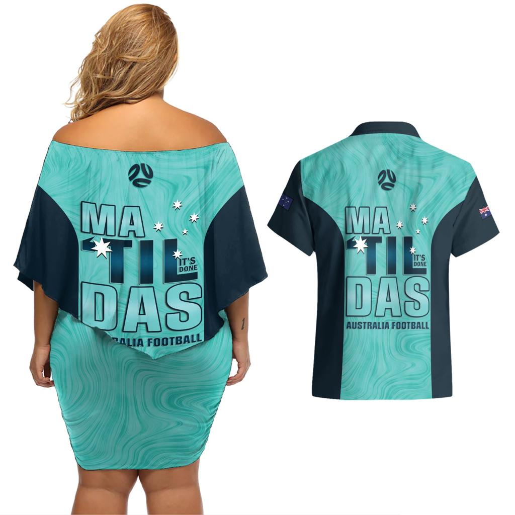 Australia Soccer Couples Matching Off Shoulder Short Dress and Hawaiian Shirt Raso Matildas Turquoise Version