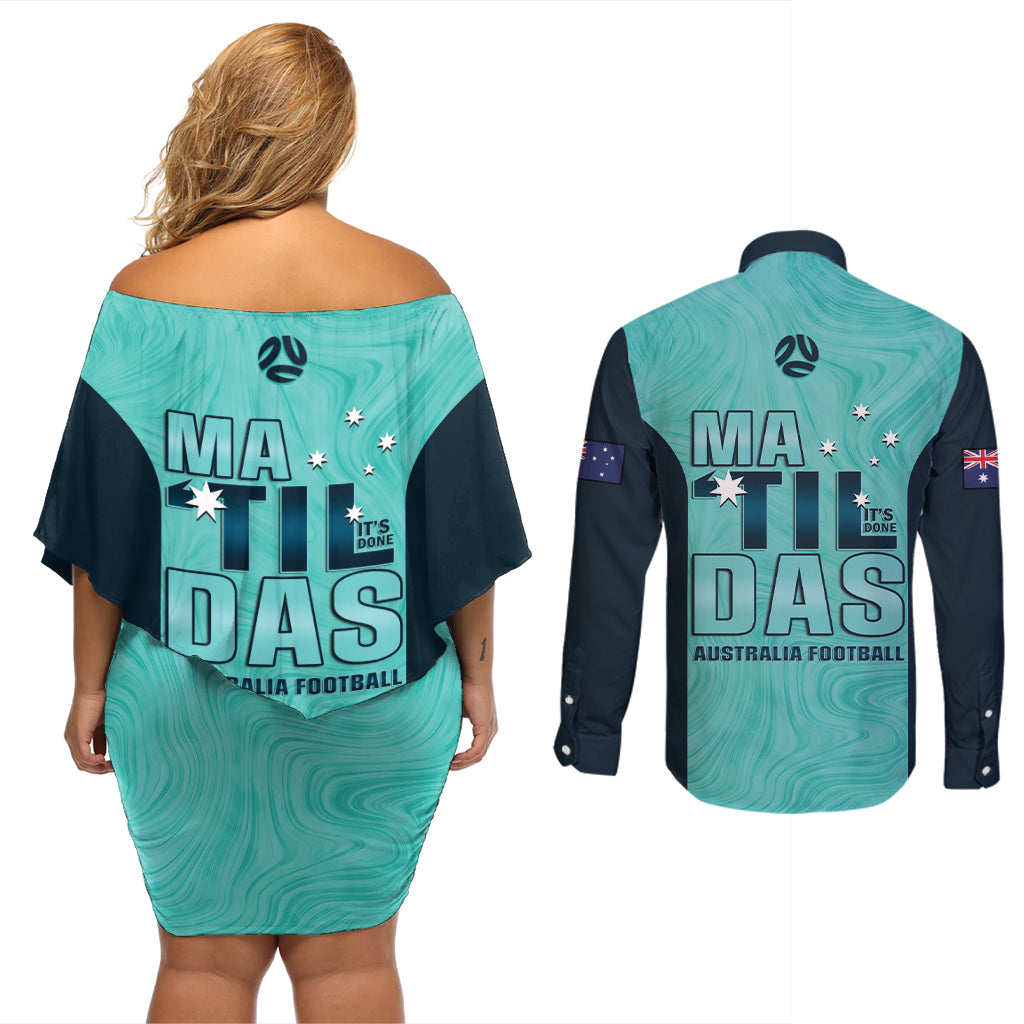 Australia Soccer Couples Matching Off Shoulder Short Dress and Long Sleeve Button Shirt Raso Matildas Turquoise Version