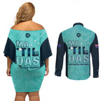 Australia Soccer Couples Matching Off Shoulder Short Dress and Long Sleeve Button Shirt Raso Matildas Turquoise Version