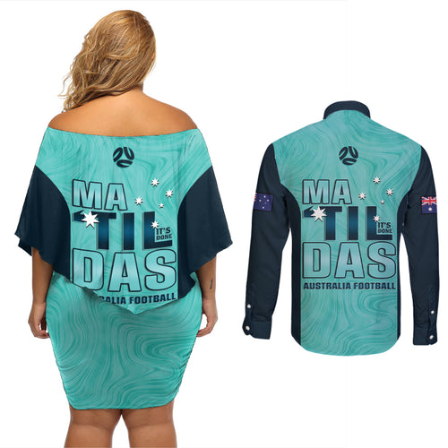 Australia Soccer Couples Matching Off Shoulder Short Dress and Long Sleeve Button Shirt Raso Matildas Turquoise Version