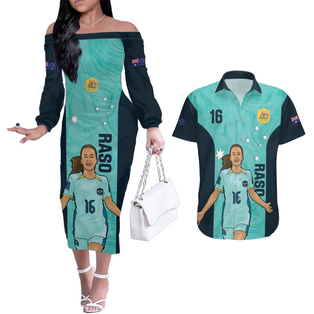 Australia Soccer Couples Matching Off The Shoulder Long Sleeve Dress and Hawaiian Shirt Raso Matildas Turquoise Version