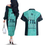 Australia Soccer Couples Matching Off The Shoulder Long Sleeve Dress and Hawaiian Shirt Raso Matildas Turquoise Version