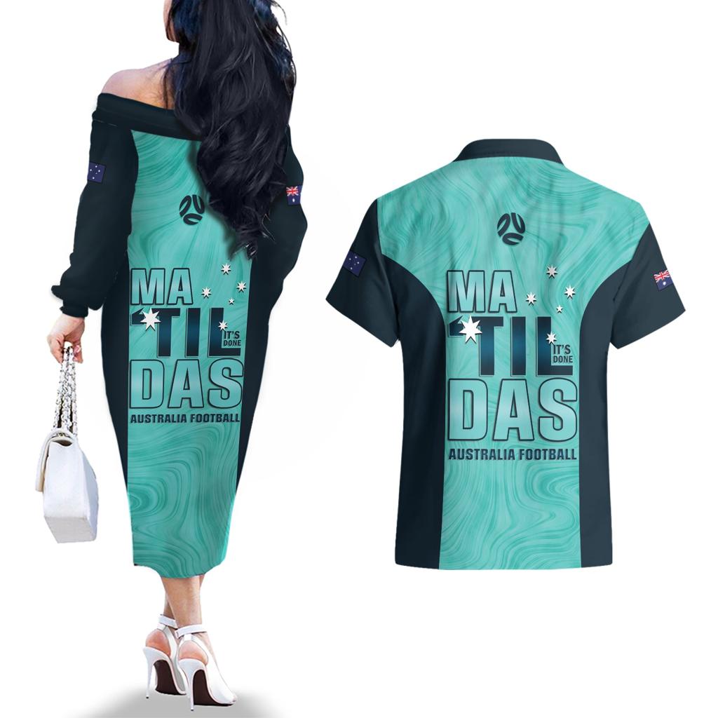 Australia Soccer Couples Matching Off The Shoulder Long Sleeve Dress and Hawaiian Shirt Raso Matildas Turquoise Version