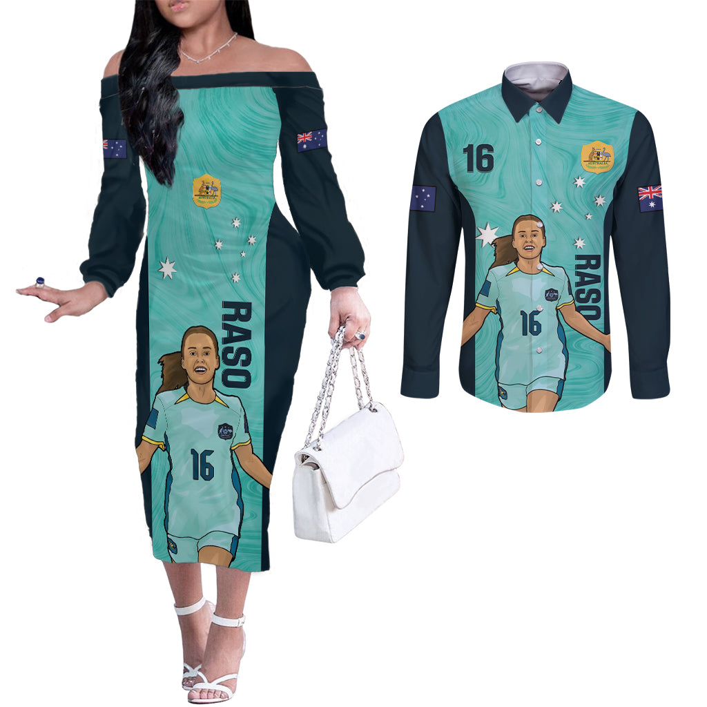 Australia Soccer Couples Matching Off The Shoulder Long Sleeve Dress and Long Sleeve Button Shirt Raso Matildas Turquoise Version