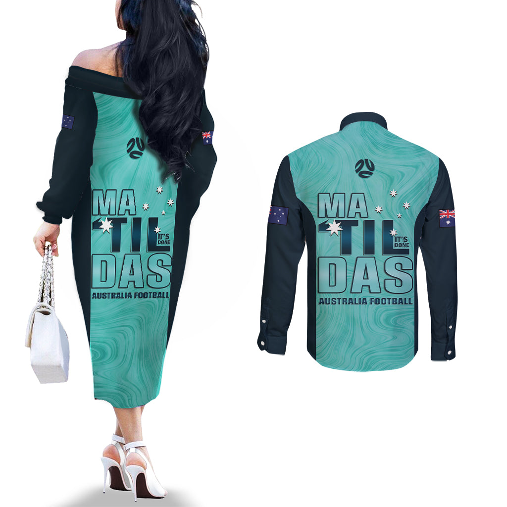 Australia Soccer Couples Matching Off The Shoulder Long Sleeve Dress and Long Sleeve Button Shirt Raso Matildas Turquoise Version