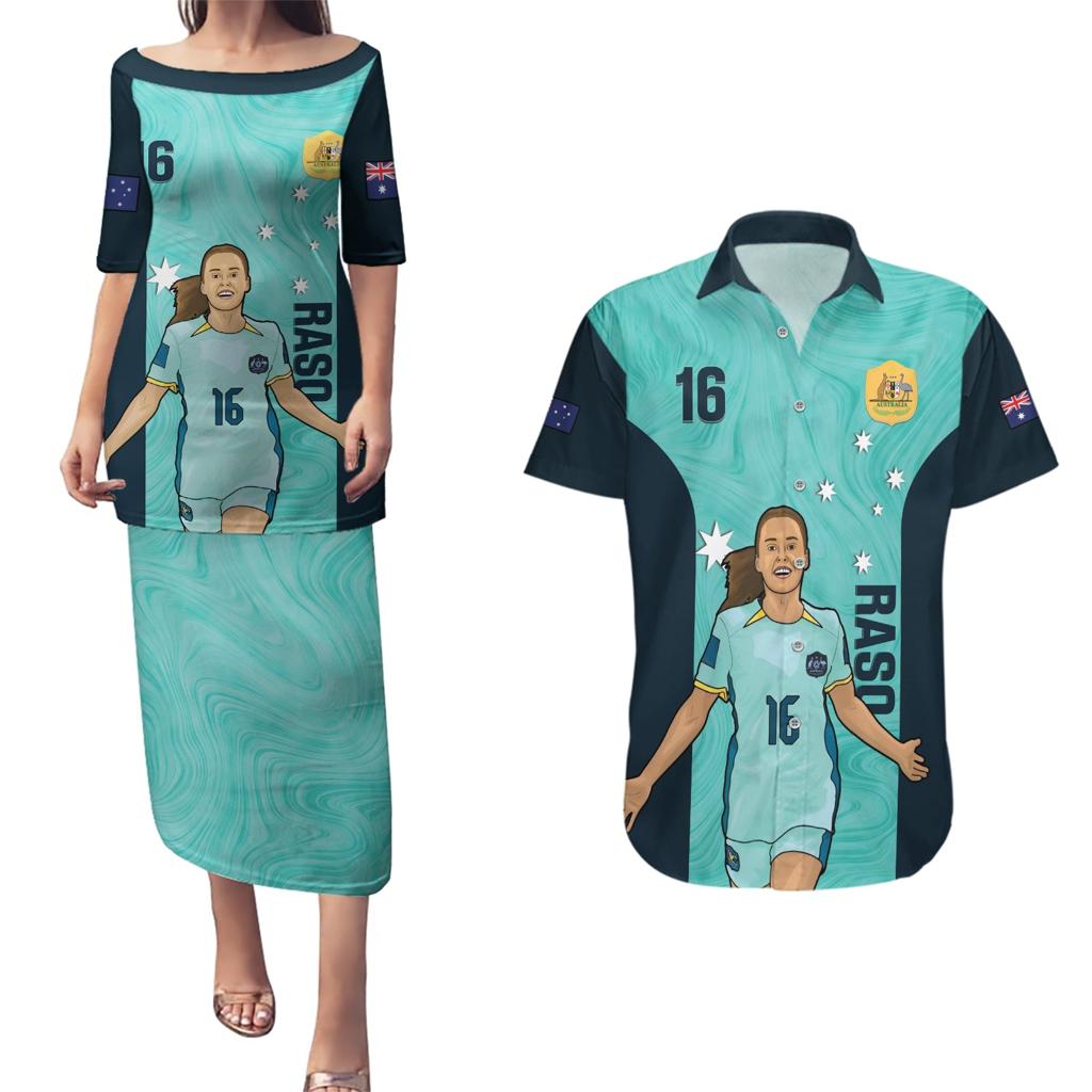 Australia Soccer Couples Matching Puletasi and Hawaiian Shirt Raso Matildas Turquoise Version