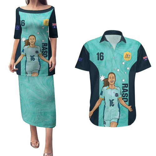 Australia Soccer Couples Matching Puletasi and Hawaiian Shirt Raso Matildas Turquoise Version