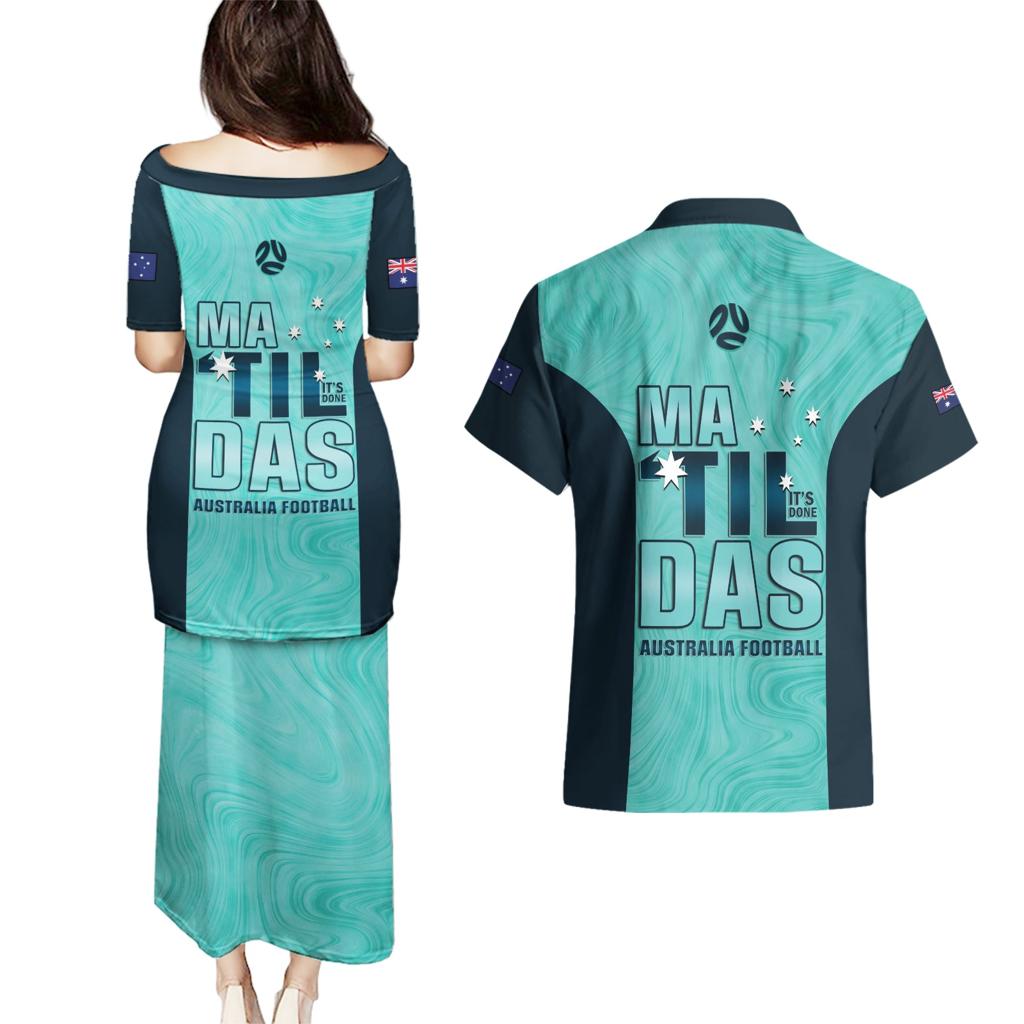 Australia Soccer Couples Matching Puletasi and Hawaiian Shirt Raso Matildas Turquoise Version