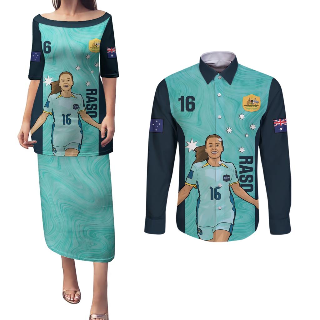 Australia Soccer Couples Matching Puletasi and Long Sleeve Button Shirt Raso Matildas Turquoise Version