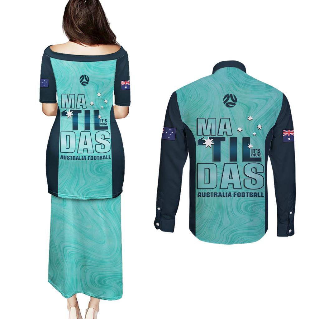Australia Soccer Couples Matching Puletasi and Long Sleeve Button Shirt Raso Matildas Turquoise Version