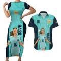 Australia Soccer Couples Matching Short Sleeve Bodycon Dress and Hawaiian Shirt Raso Matildas Turquoise Version