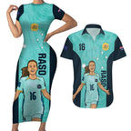 Australia Soccer Couples Matching Short Sleeve Bodycon Dress and Hawaiian Shirt Raso Matildas Turquoise Version