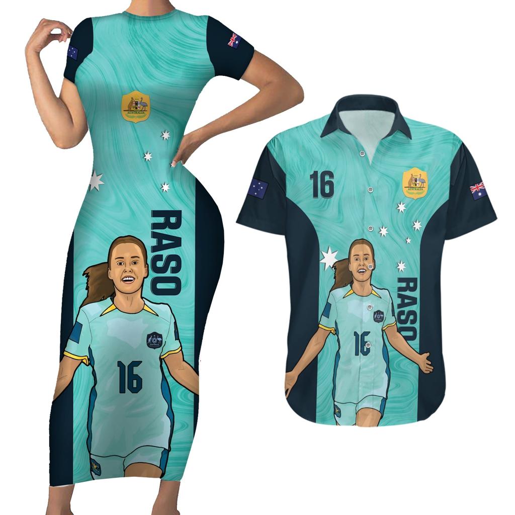 Australia Soccer Couples Matching Short Sleeve Bodycon Dress and Hawaiian Shirt Raso Matildas Turquoise Version