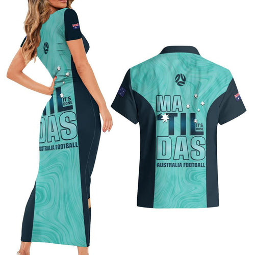 Australia Soccer Couples Matching Short Sleeve Bodycon Dress and Hawaiian Shirt Raso Matildas Turquoise Version