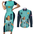 Australia Soccer Couples Matching Short Sleeve Bodycon Dress and Long Sleeve Button Shirt Raso Matildas Turquoise Version