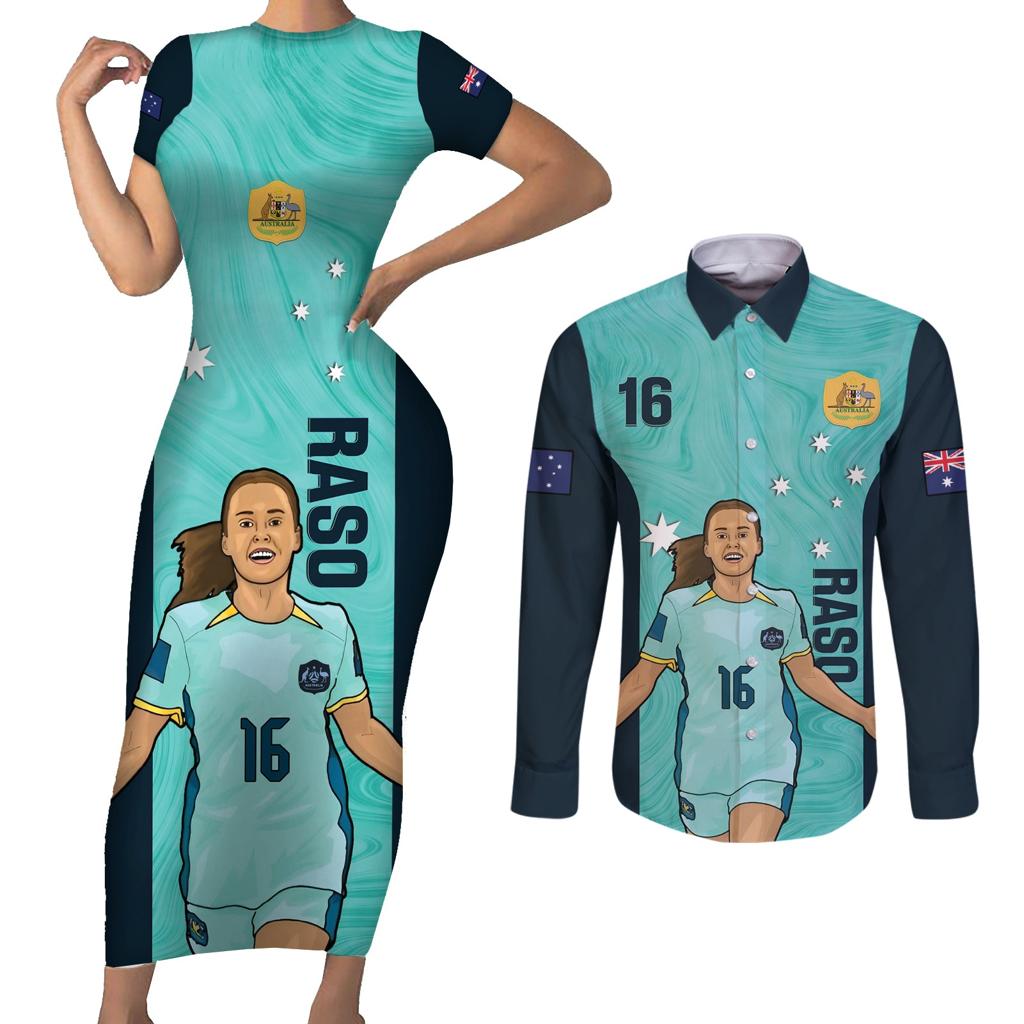 Australia Soccer Couples Matching Short Sleeve Bodycon Dress and Long Sleeve Button Shirt Raso Matildas Turquoise Version