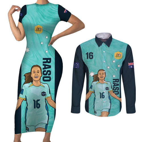 Australia Soccer Couples Matching Short Sleeve Bodycon Dress and Long Sleeve Button Shirt Raso Matildas Turquoise Version