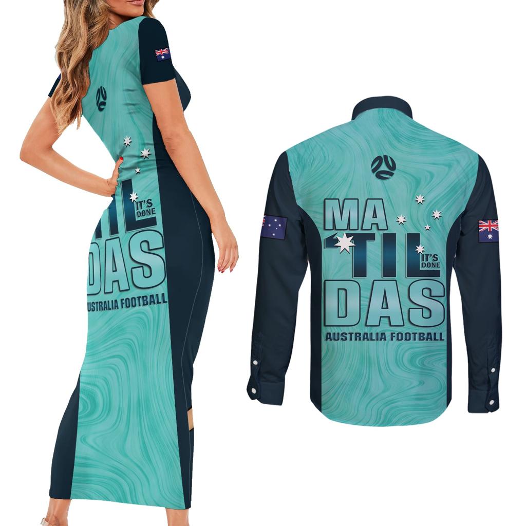 Australia Soccer Couples Matching Short Sleeve Bodycon Dress and Long Sleeve Button Shirt Raso Matildas Turquoise Version
