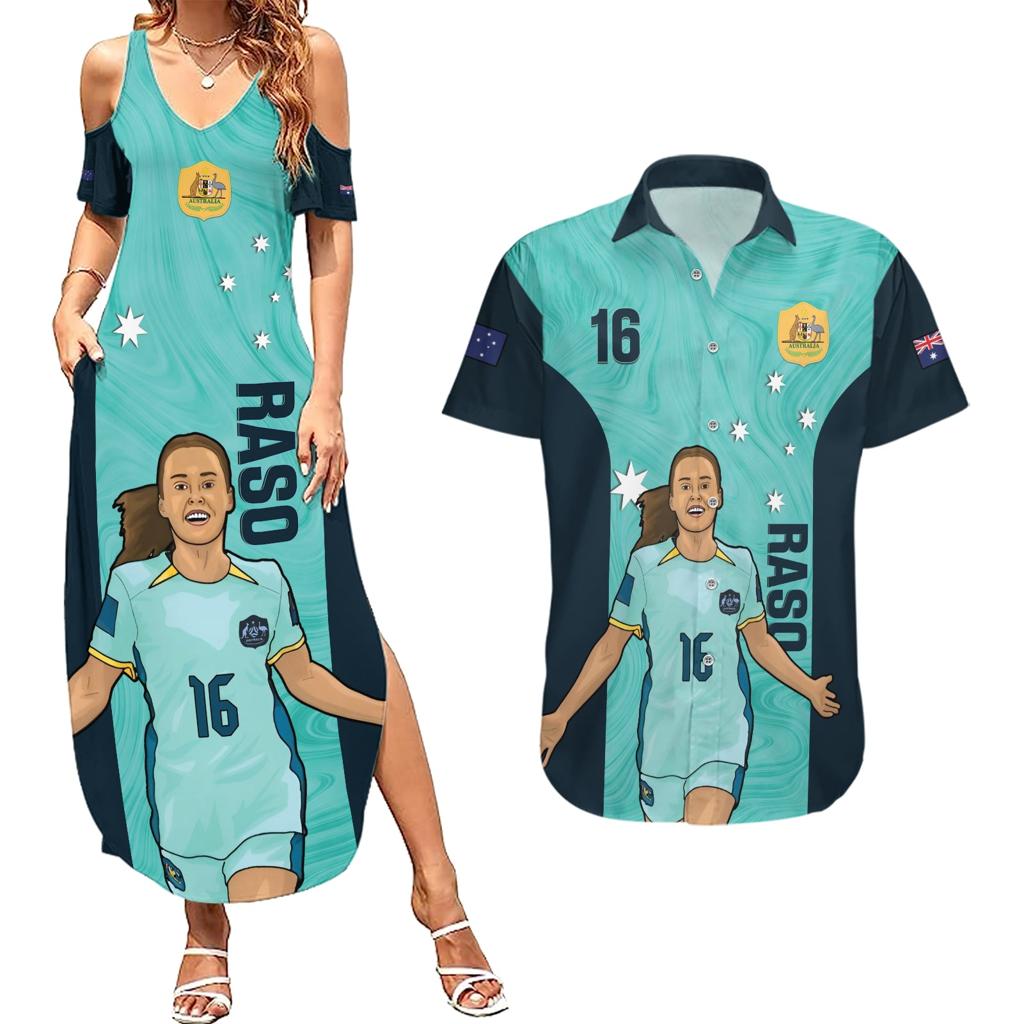 Australia Soccer Couples Matching Summer Maxi Dress and Hawaiian Shirt Raso Matildas Turquoise Version