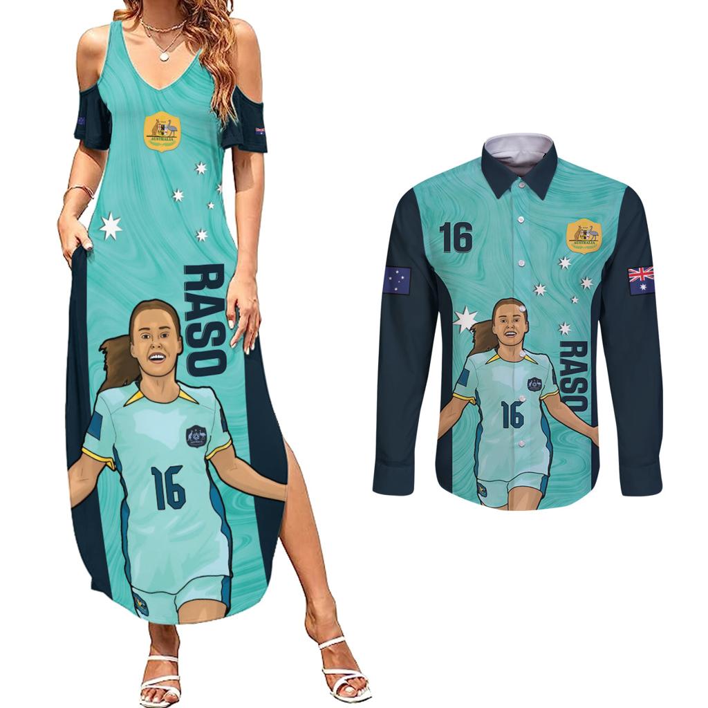 Australia Soccer Couples Matching Summer Maxi Dress and Long Sleeve Button Shirt Raso Matildas Turquoise Version