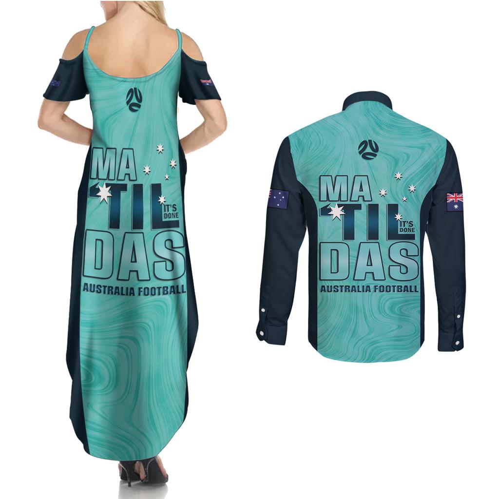 Australia Soccer Couples Matching Summer Maxi Dress and Long Sleeve Button Shirt Raso Matildas Turquoise Version