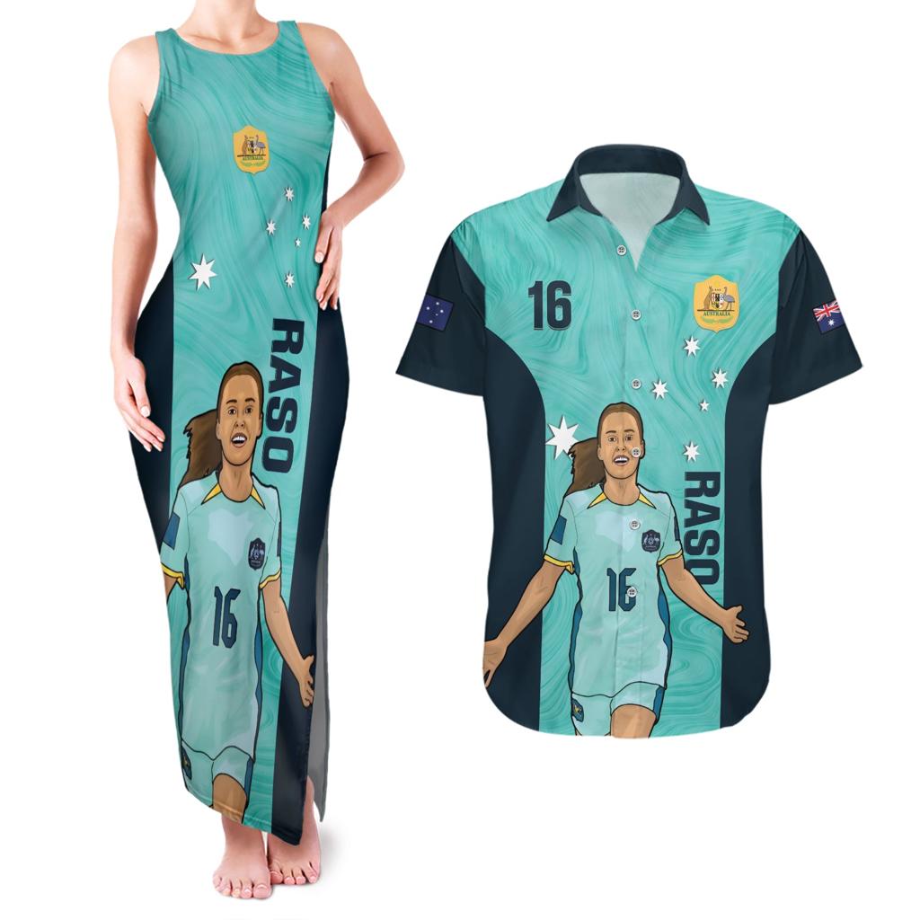 Australia Soccer Couples Matching Tank Maxi Dress and Hawaiian Shirt Raso Matildas Turquoise Version