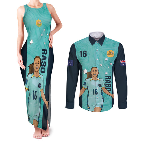 Australia Soccer Couples Matching Tank Maxi Dress and Long Sleeve Button Shirt Raso Matildas Turquoise Version