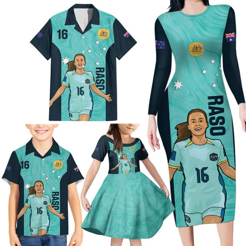 Australia Soccer Family Matching Long Sleeve Bodycon Dress and Hawaiian Shirt Raso Matildas Turquoise Version