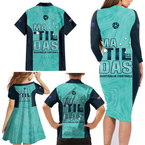 Australia Soccer Family Matching Long Sleeve Bodycon Dress and Hawaiian Shirt Raso Matildas Turquoise Version