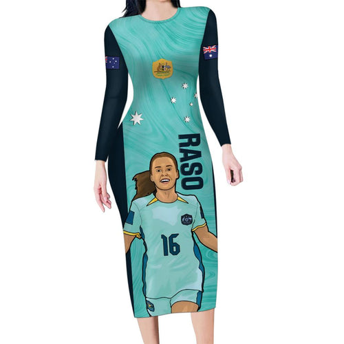 Australia Soccer Family Matching Long Sleeve Bodycon Dress and Hawaiian Shirt Raso Matildas Turquoise Version