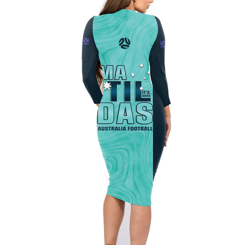 Australia Soccer Family Matching Long Sleeve Bodycon Dress and Hawaiian Shirt Raso Matildas Turquoise Version