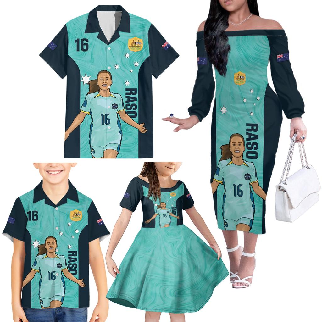 Australia Soccer Family Matching Off The Shoulder Long Sleeve Dress and Hawaiian Shirt Raso Matildas Turquoise Version