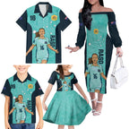 Australia Soccer Family Matching Off The Shoulder Long Sleeve Dress and Hawaiian Shirt Raso Matildas Turquoise Version
